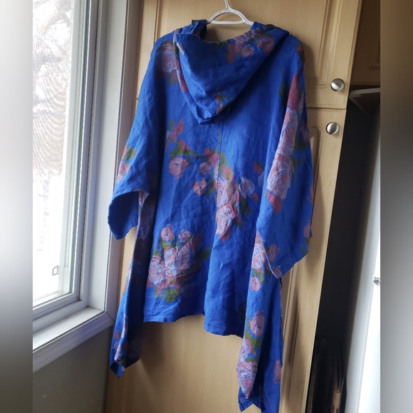 100% Linen In Floral Blue Hooded Tunic Pockets - Picture 7 of 8